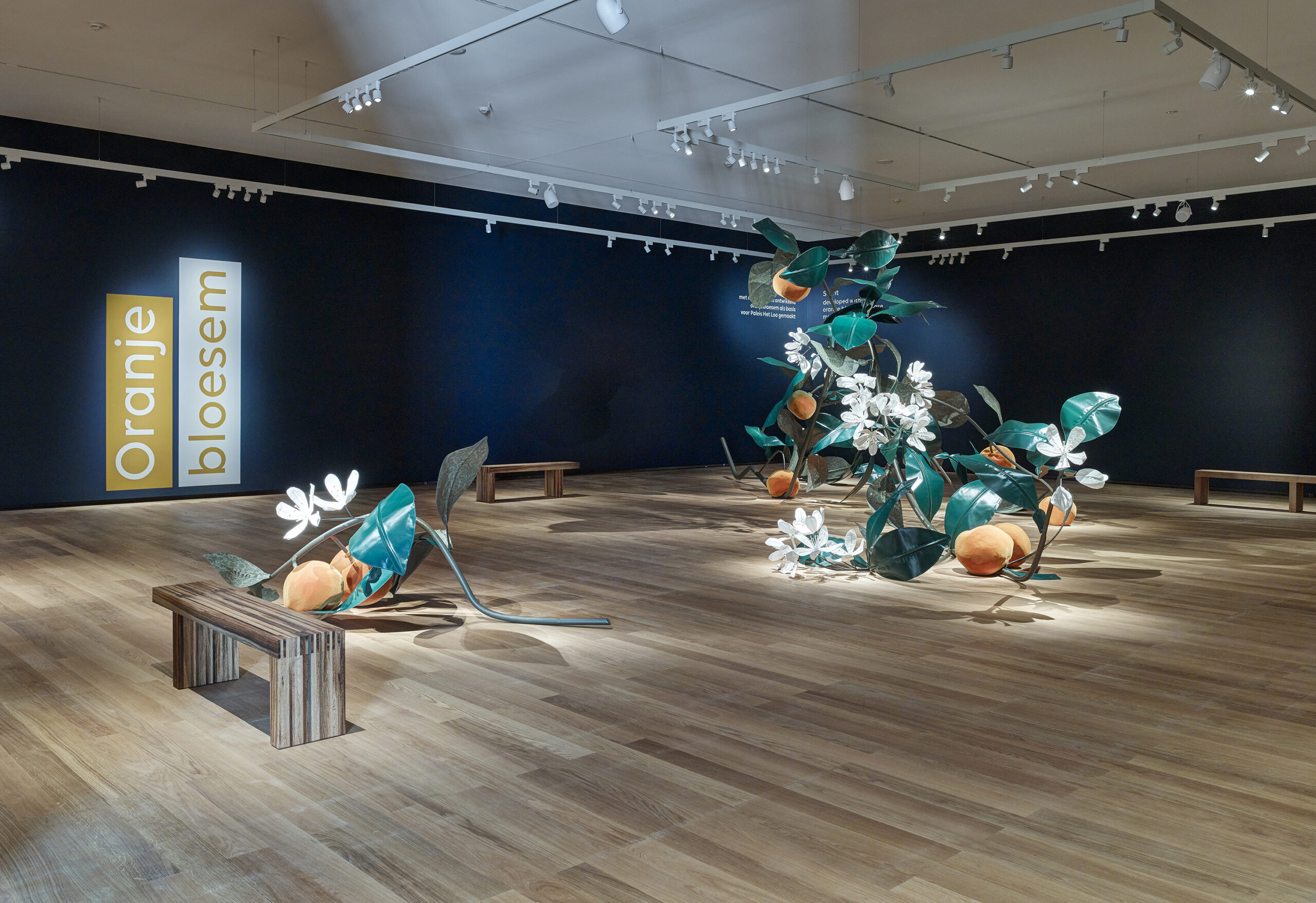 Kunstwerk oranjebloesem in Paleis Het Loo